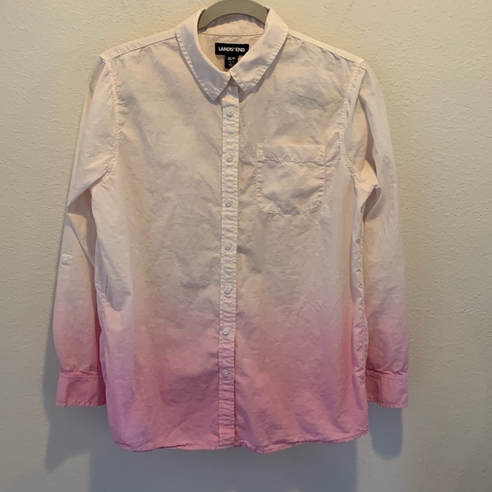 Lands’ End Womens Ombré White to Pink Cotton Button Down Shirt. Size M 10/12.